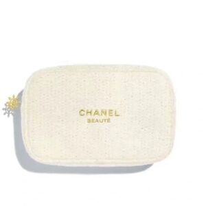 NIB Authentic Chanel Cosmetic Make up Bag White with Gold Ornament